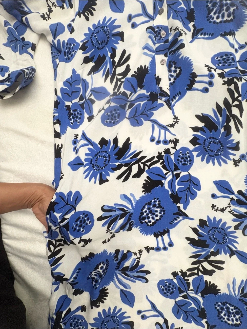 Milano Italy White Dress with Blue and Black Floral Print Long Sleeves Size 36